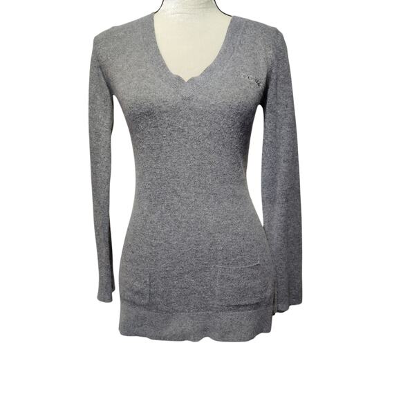 Vintage Y2K BCBG Sz M Angora Wool Grey Sweater Flare Sleeves Fitted Spell Out - Picture 1 of 6